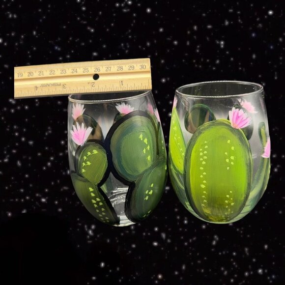 Vintage Libbey Glassware Painted Tumbler Glasses Cactus w Flowers Hand Painted 2 - Picture 5 of 9